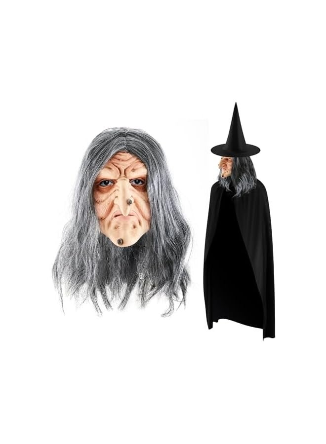 Loquat Cosplay Costume Accessories Included Old Woman Witch Mask with Hair Witch Hat Black Cape Latex Scary Mask for Any Head Adults - Image 1