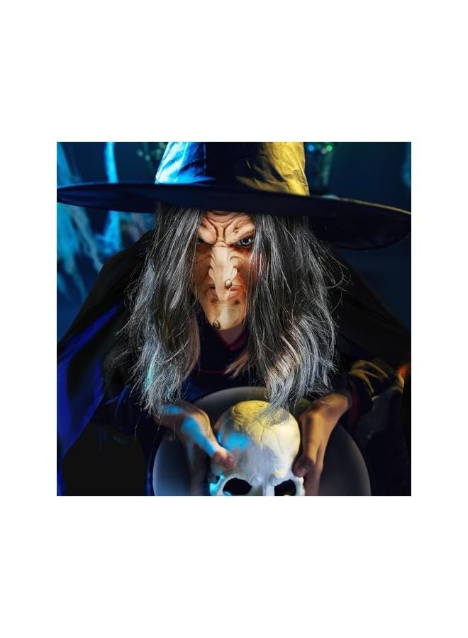 Loquat Cosplay Costume Accessories Included Old Woman Witch Mask with Hair Witch Hat Black Cape Latex Scary Mask for Any Head Adults - Image 2