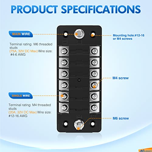 Nilight 6 Way Fuse Block with Negative Bus 12V Blade Fuse Holder ATCATO Standard Fuse Box Label Stickers Waterproof Cover Fuse Panel for Automotive Cars Trucks RVs Campers Vans 2 Years Warranty - Image 3