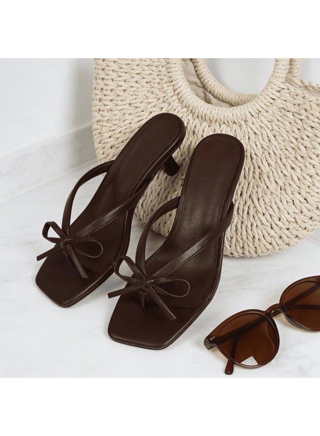 Mattiventon Kitten Heel Sandals Thong Sandals For Women Bow Heels Slip On Flip Flops Square Toe Summer Cute Party Dress Shoes, Chocolate, 7 - Image 5