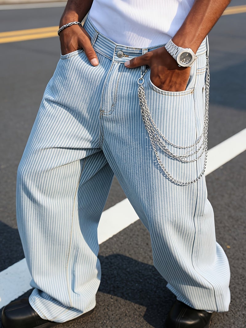 Men'S Light Blue Vertical Striped Wide-Leg Denim Trousers, Featuring an American Relaxed Fit with a Floor-Length Design, Vintage High Street Comfortable Casual Pants, Trendy Striped Versatil - Image 5