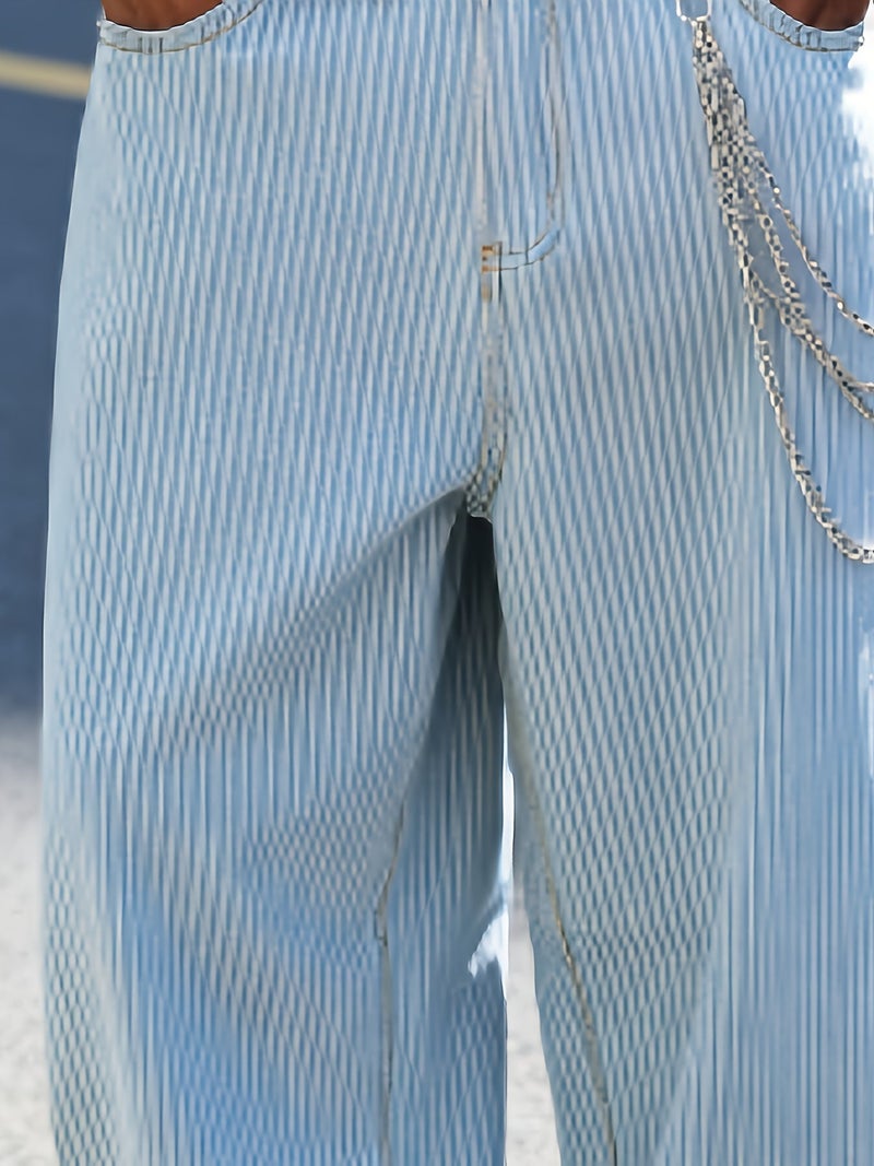 Men'S Light Blue Vertical Striped Wide-Leg Denim Trousers, Featuring an American Relaxed Fit with a Floor-Length Design, Vintage High Street Comfortable Casual Pants, Trendy Striped Versatil - Image 4