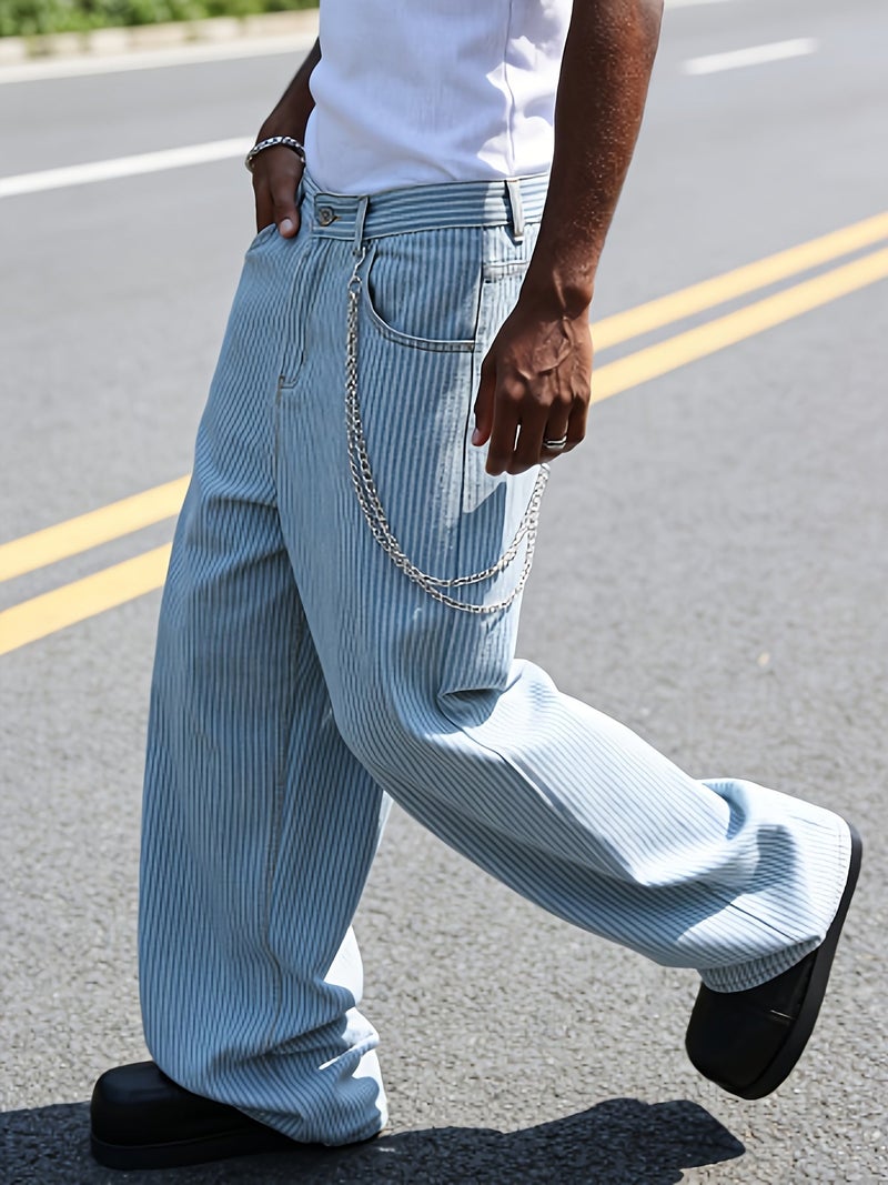 Men'S Light Blue Vertical Striped Wide-Leg Denim Trousers, Featuring an American Relaxed Fit with a Floor-Length Design, Vintage High Street Comfortable Casual Pants, Trendy Striped Versatil - Image 3