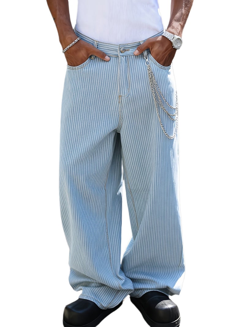 Men'S Light Blue Vertical Striped Wide-Leg Denim Trousers, Featuring an American Relaxed Fit with a Floor-Length Design, Vintage High Street Comfortable Casual Pants, Trendy Striped Versatil - Image 1