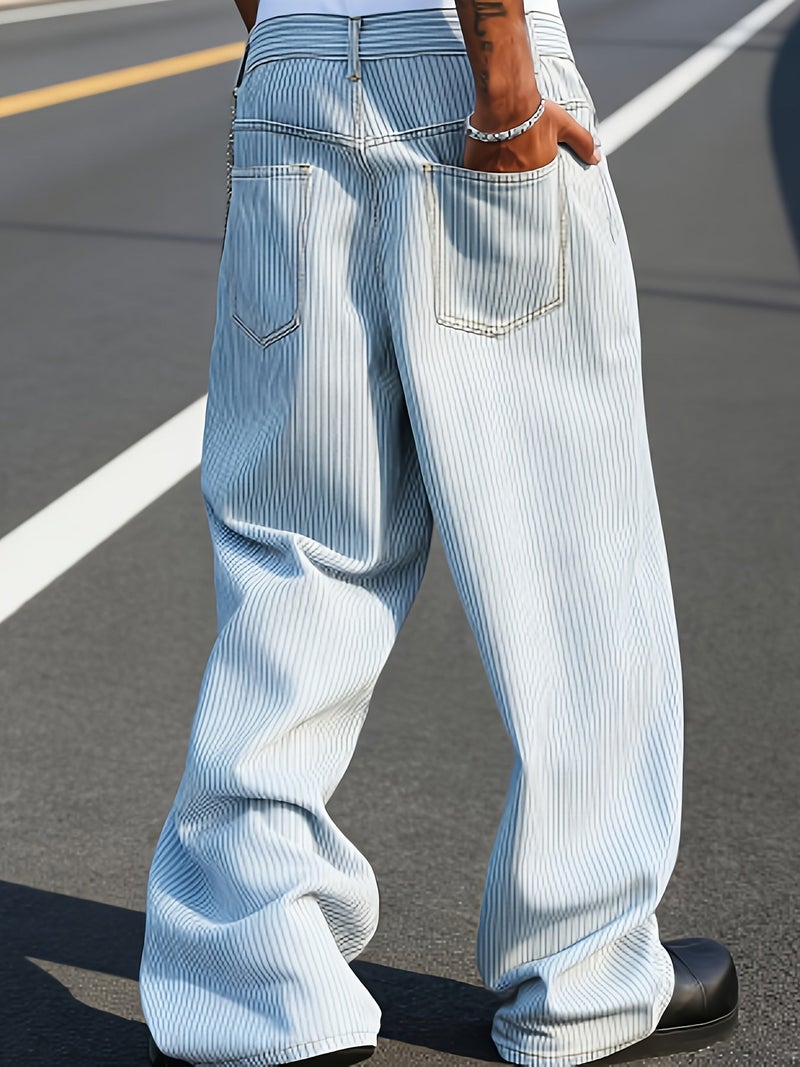 Men'S Light Blue Vertical Striped Wide-Leg Denim Trousers, Featuring an American Relaxed Fit with a Floor-Length Design, Vintage High Street Comfortable Casual Pants, Trendy Striped Versatil - Image 2