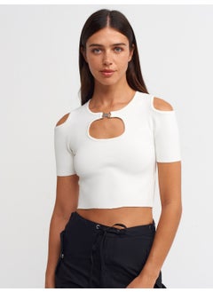Dilvin 10378 Crew Neck Low-cut Short Sleeve Sweater-Ecru  - Image 1