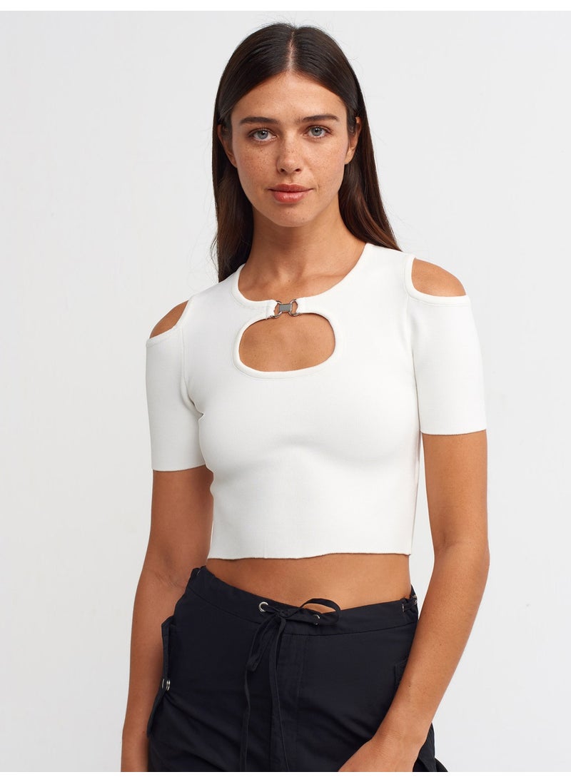 Dilvin 10378 Crew Neck Low-cut Short Sleeve Sweater-Ecru  - Image 1