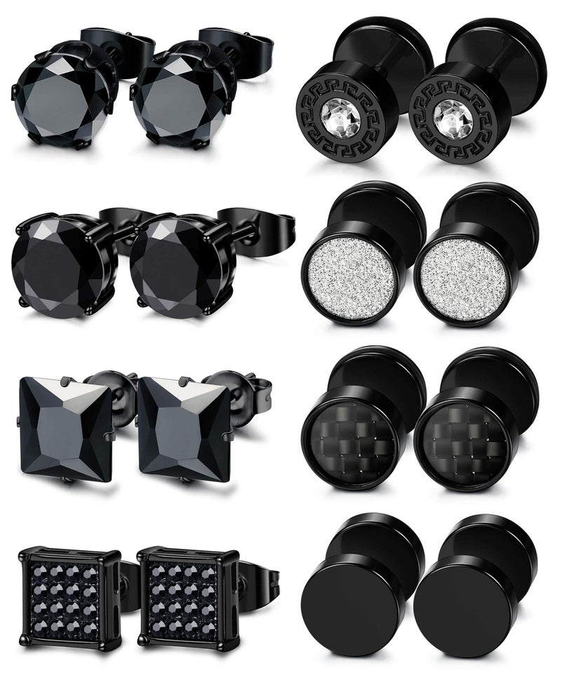 ORAZIO 8 Pairs Stainless Steel Black CZ Stud Earrings Set for Men Women Silver Cubic Zirconia Barbell Earringsï¼ˆBlackï¼‰