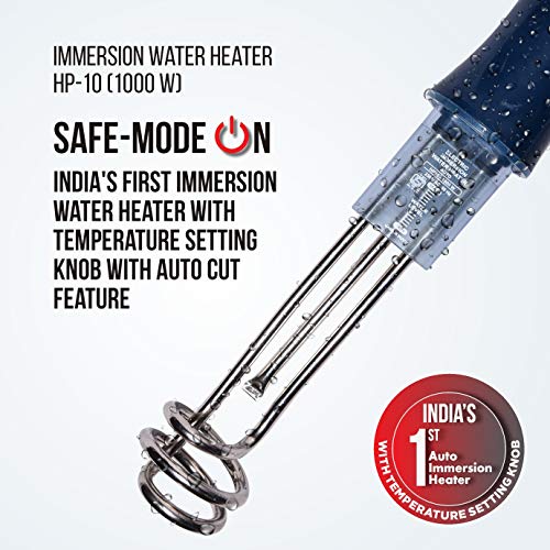 Havells Plastic Hp10 Auto 1000 watts Immersion Heater|Isi Mark Heavy Duty 3 Pin Moulded Plug,Touch Protection Cover|Waterproof,Heating Indicator,Nickel Plating,Warranty: 2 Year Comprehensive|(Blue) - Image 2
