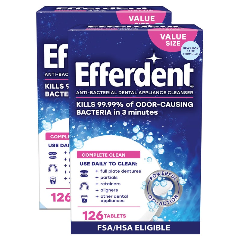 Efferdent Denture Cleaner Tablets â€“ Dental Appliances, Aligners, Mouth Guard, and Retainer Cleaner Tablets, Complete Clean, 126 Count, Pack of 2 - Image 1