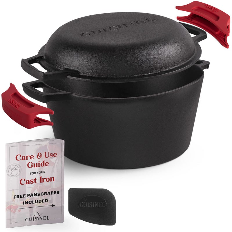 Cuisinel Cast Iron Dutch Oven 5Quart Deep Pot Preseasoned 2in1 MultiCooker Combo Lid Doubles as 10inch Skillet Frying Pan Silicone Handle Covers Scraper IndoorOutdoor Bread Cookware