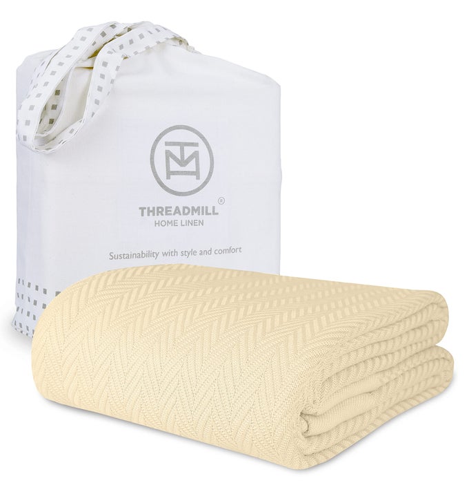 VANILLA CREAM 100 COMBED COTTON KING SIZE BLANKET ALLSEASON SOFT BREATHABLE LIGHT WEIGHT HERRINGBONE THROW