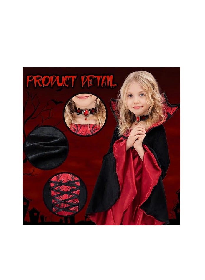 Vampire Costume for Kids, Royal Vampire Costume for Girls, Halloween Gothic Vampire Set, Vampire Party Fancy Dress with Vampire Teeth, Scar Tattoo and Necklace（L） - Image 3