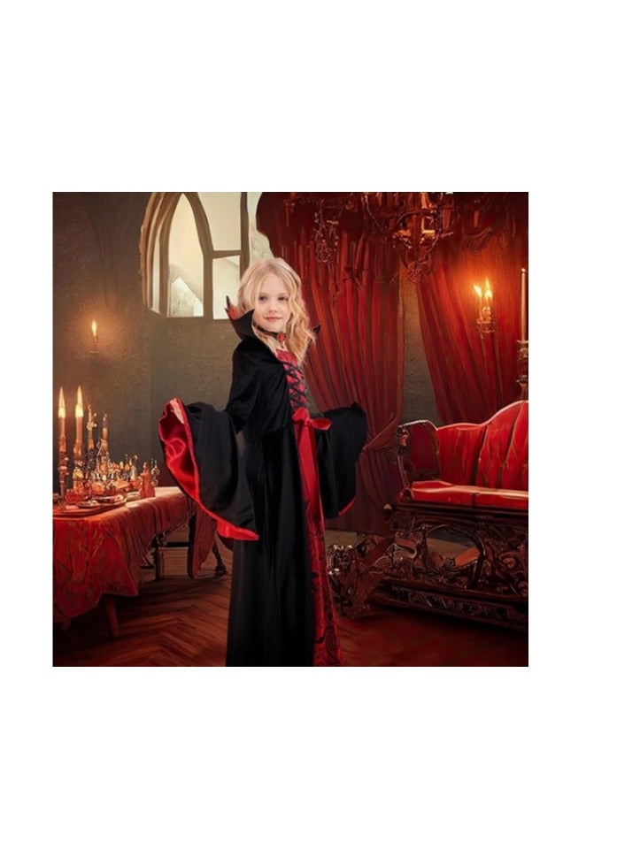 Vampire Costume for Kids, Royal Vampire Costume for Girls, Halloween Gothic Vampire Set, Vampire Party Fancy Dress with Vampire Teeth, Scar Tattoo and Necklace（L） - Image 1