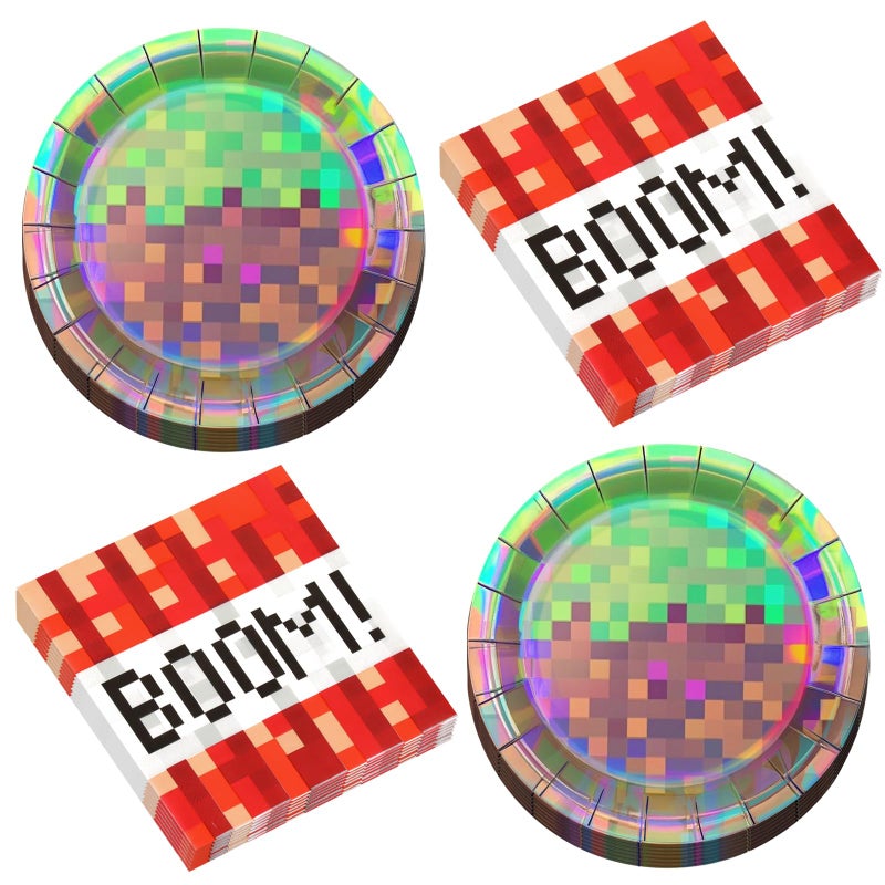 Cogniplay 50Pcs Iridescent Pixel Party Plates and Napkins Set Video Game Disposable Tableware Set Pixel Dessert Plates Gaming Party Supplies Birthday Decorations for Kids Baby Shower Teen Gamer Serve 25 - Image 1