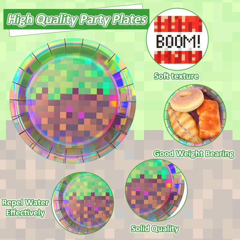 Cogniplay 50Pcs Iridescent Pixel Party Plates and Napkins Set Video Game Disposable Tableware Set Pixel Dessert Plates Gaming Party Supplies Birthday Decorations for Kids Baby Shower Teen Gamer Serve 25 - Image 3