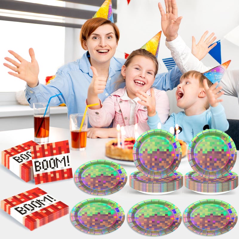 Cogniplay 50Pcs Iridescent Pixel Party Plates and Napkins Set Video Game Disposable Tableware Set Pixel Dessert Plates Gaming Party Supplies Birthday Decorations for Kids Baby Shower Teen Gamer Serve 25 - Image 5