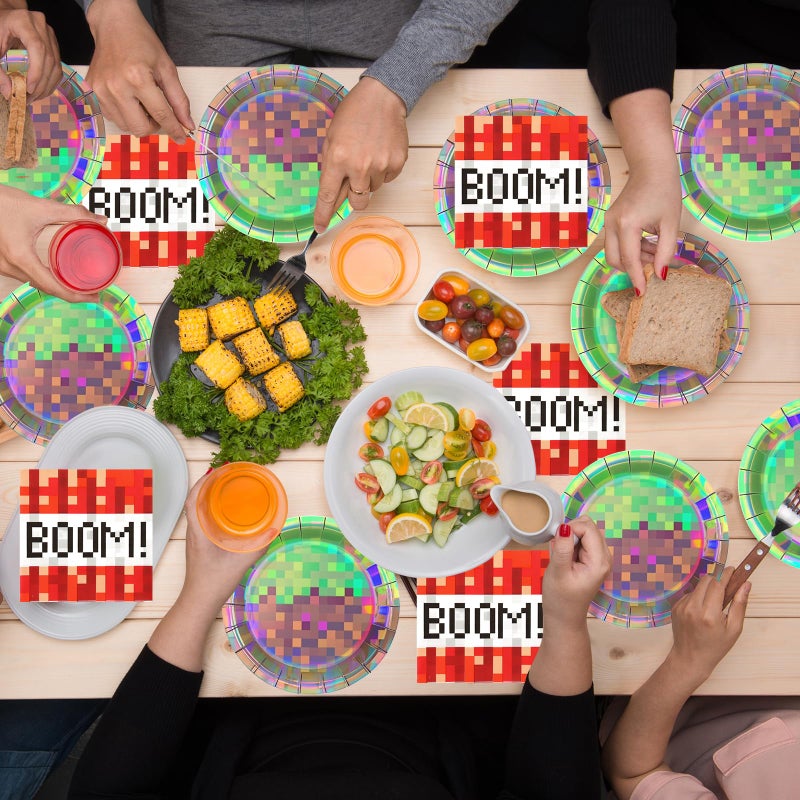 Cogniplay 50Pcs Iridescent Pixel Party Plates and Napkins Set Video Game Disposable Tableware Set Pixel Dessert Plates Gaming Party Supplies Birthday Decorations for Kids Baby Shower Teen Gamer Serve 25 - Image 4