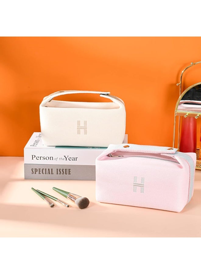 Excefore Makeup Bags, Large Capacity Travel Cosmetic Bag, Fashion Portable Canvas Makeup Bag with Handle and Divider, Makeup Organizer Travel Bag for Women (White) - Image 2