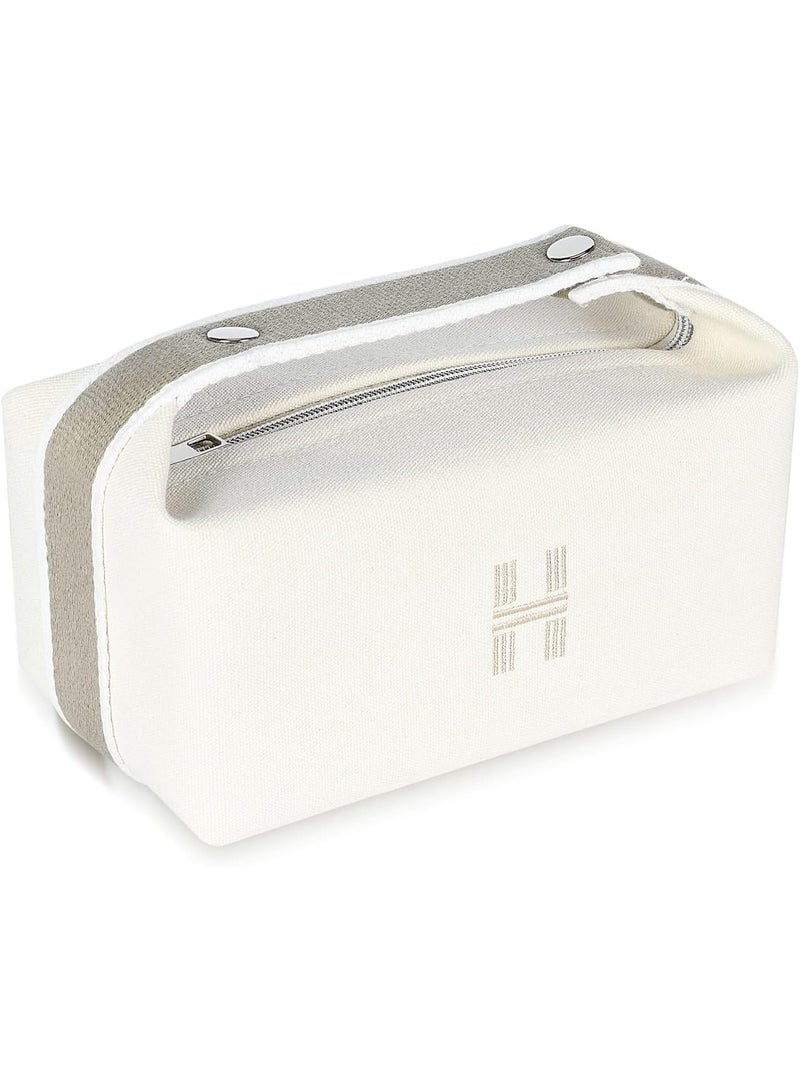 Excefore Makeup Bags, Large Capacity Travel Cosmetic Bag, Fashion Portable Canvas Makeup Bag with Handle and Divider, Makeup Organizer Travel Bag for Women (White) - Image 1