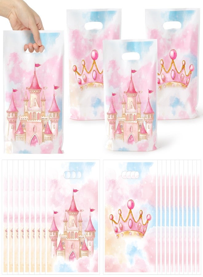 K1tpde 50PCS Watercolor Princess Party Favor Bags, Pink Princess Castle Theme Plastic Goodie Gift Bags Bulk with Handle for Girl, Watercolor Pastel Castle Fairytale Party Decorations Birthday Supplies - Image 1