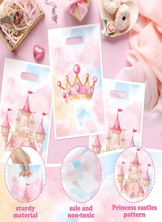 K1tpde 50PCS Watercolor Princess Party Favor Bags, Pink Princess Castle Theme Plastic Goodie Gift Bags Bulk with Handle for Girl, Watercolor Pastel Castle Fairytale Party Decorations Birthday Supplies - Image 3