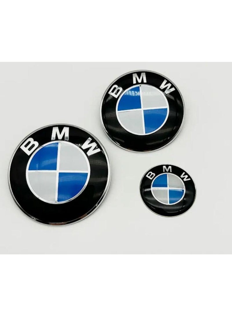 بي إم دبليو 3 قطع من شعار BMW للغطاء الأمامي والصندوق الخلفي وعجلة القيادة (82 مم + 74 مم + 45 مم) - أبيض/أزرق - Image 1