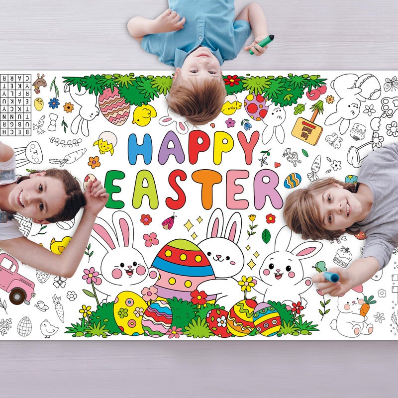 QZYL Giant Easter Coloring Tablecloth, 54" x 108" Easter Crafts Table Cloth, Coloring Tablecloth Disposable for Crafts Party Decorations, Rectangular Painting Poster Banner Art Activities with Bunny Eggs - Image 1