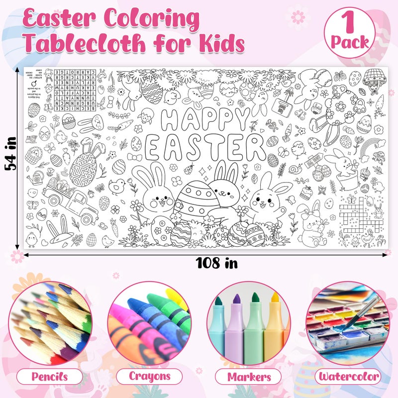 QZYL Giant Easter Coloring Tablecloth, 54" x 108" Easter Crafts Table Cloth, Coloring Tablecloth Disposable for Crafts Party Decorations, Rectangular Painting Poster Banner Art Activities with Bunny Eggs - Image 2