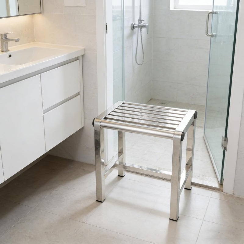 Stainless Steel Bathroom Shower Stool - Waterproof Sitting Bench Corner Bath Foot Step Stool - 12.20x11.81x7.87in Nonslip Metal Footrest for Home Dorm Office - Image 5