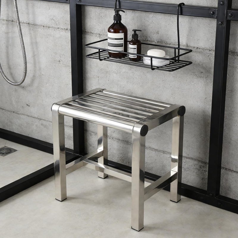 Stainless Steel Bathroom Shower Stool - Waterproof Sitting Bench Corner Bath Foot Step Stool - 12.20x11.81x7.87in Nonslip Metal Footrest for Home Dorm Office - Image 2