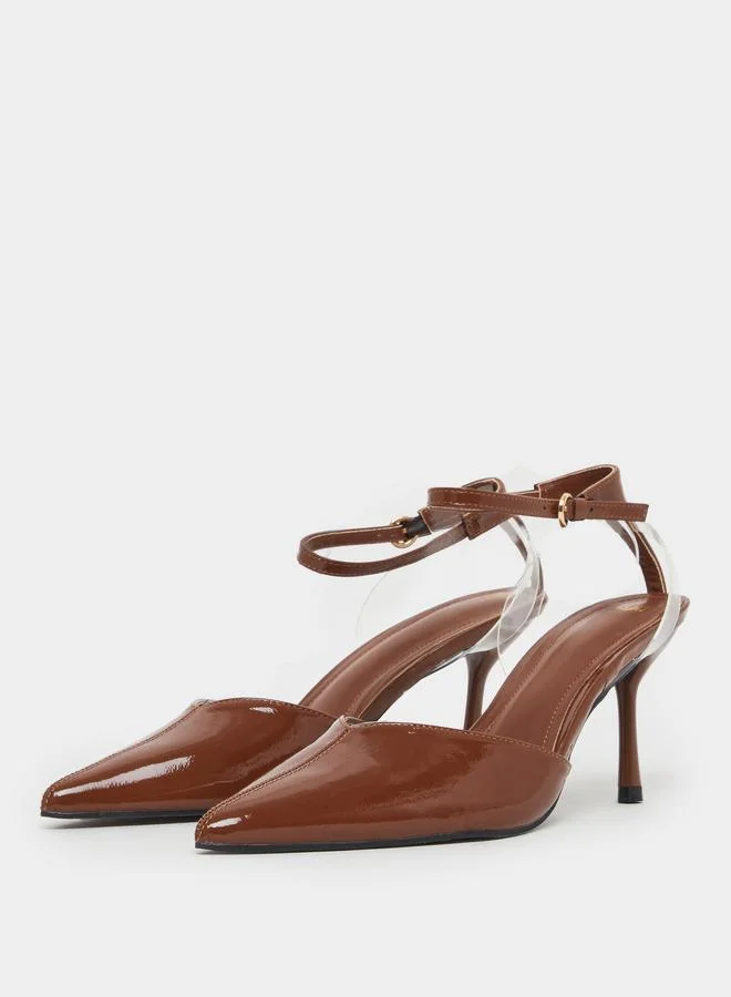 Styli Brown Patent Ankle Strap Pointed-Toe Shoes