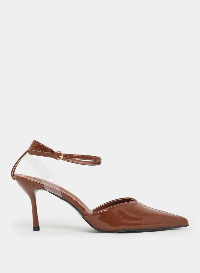 Styli Brown Patent Ankle Strap Pointed-Toe Shoes