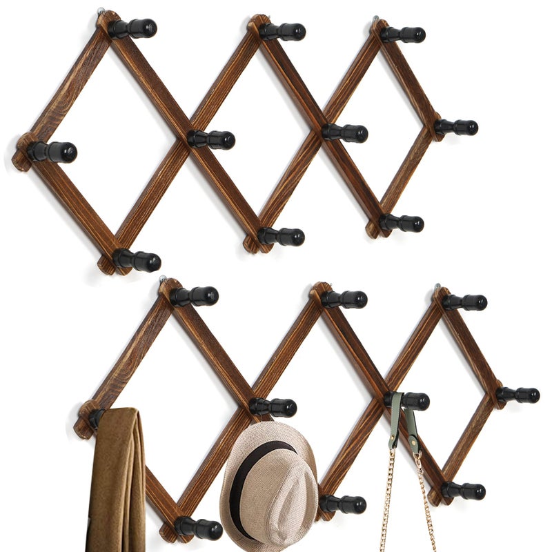 WGFKVAS 2 Pack Accordion Hat Rack for Wall - Expandable Coat Rack & Wall Mounted Hat Holder - Wooden Wall Hanger with 10 Peg Hooks for Coats, Baseball Caps, Keys & Mugs - Image 1