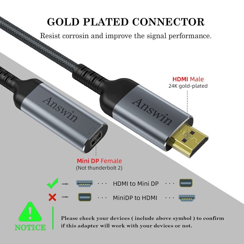 Answin HDMI to Mini DisplayPort 4K Active HDMI to Mini DisplayPort Adapter for Xbox One/360, Mac Mini, PC/Laptops to Monitor, 2K@60Hz, 1080P@120Hz - Image 4