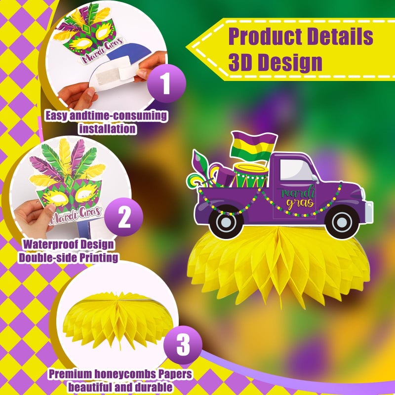JULMELON Mardi Gras Table Decorations Honeycomb Centerpiece, 8pcs Mardi Gras Centerpieces for Tables Masquerade Masks Crown Signs Decor Mardi Gras Party Decorations for Home - Image 3