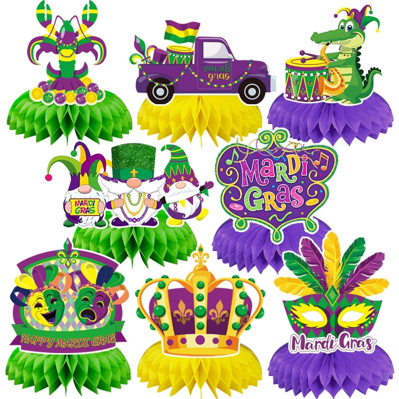 JULMELON Mardi Gras Table Decorations Honeycomb Centerpiece, 8pcs Mardi Gras Centerpieces for Tables Masquerade Masks Crown Signs Decor Mardi Gras Party Decorations for Home - Image 1
