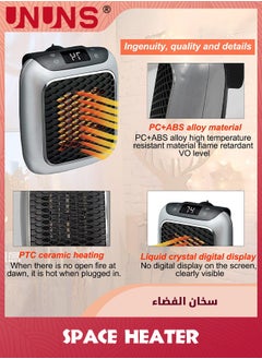 UNUNS Electric Space Heater,Small Space Heater Plug In,800w Mini Wall Mount Portable Heaters For Indoor Use Office Bedroom,12-Hour Timer,Auto Shut Off,Quiet Energy Efficient Ceramic Heating  - Image 2
