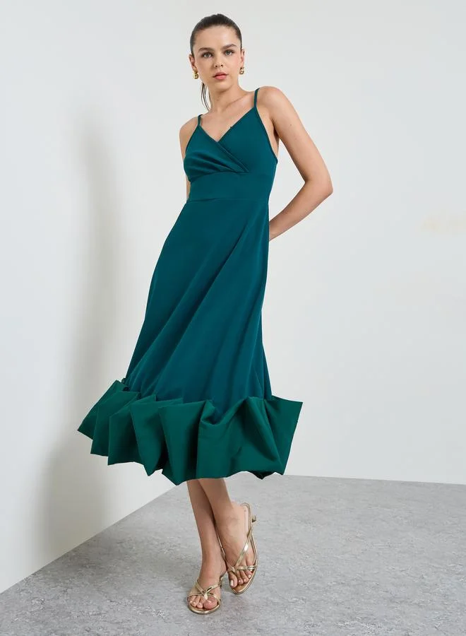 Take Two Turquoise Strappy A-Line Midi Dress with Ruffled Hem