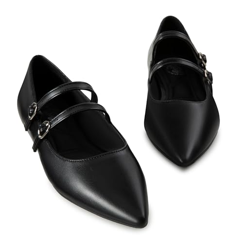 Trary Black Flats for Women, Mary Jane Shoes Women Closed Pointed Toe Ballet Flats Dressy Comfortable Slip on Shoes Leather Mary Janes Size 6 - Image 3