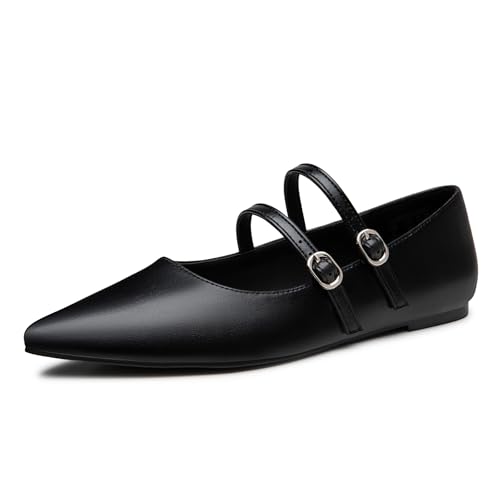 Trary Black Flats for Women, Mary Jane Shoes Women Closed Pointed Toe Ballet Flats Dressy Comfortable Slip on Shoes Leather Mary Janes Size 6 - Image 1