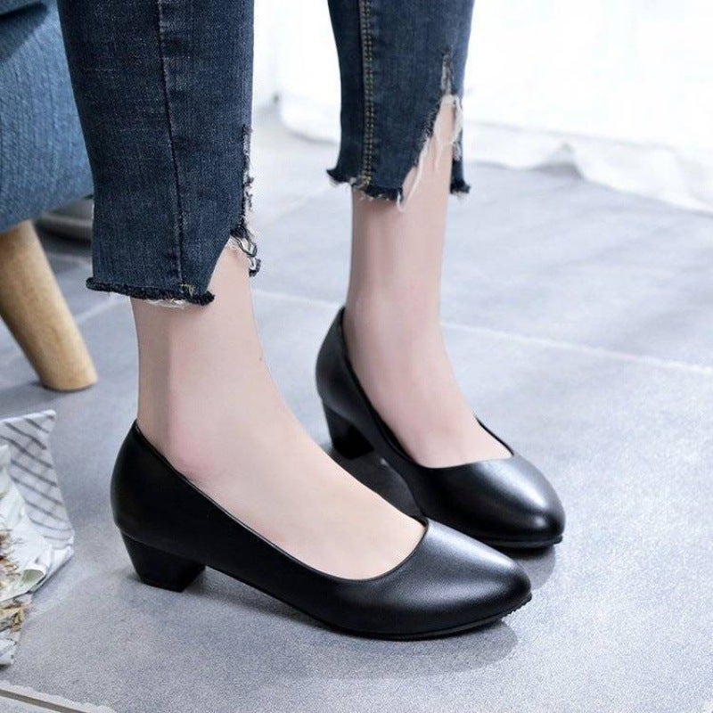 Leather Shoes Short Heel Round Head Chunky Heel For Work Women Mid Heel 2-3-5Cm Black Professional Work Shoes - Image 3