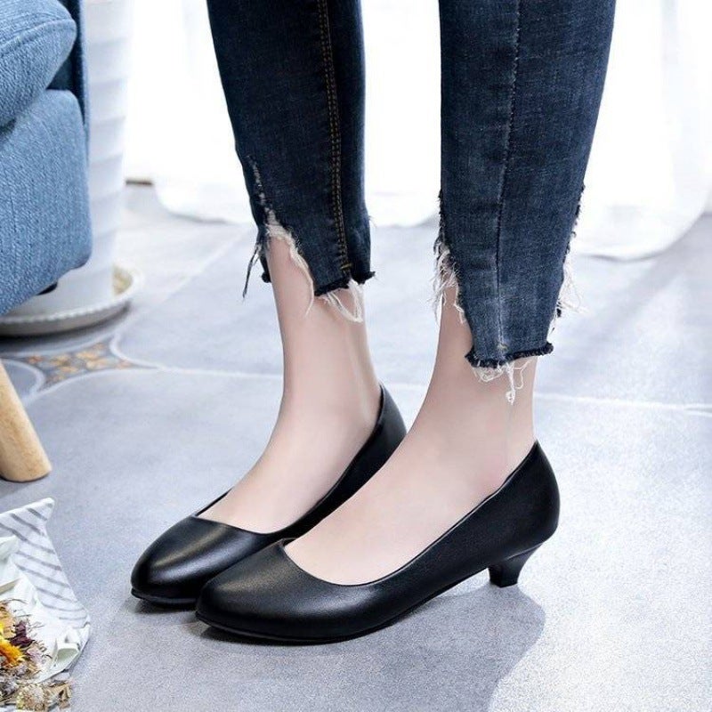 Leather Shoes Short Heel Round Head Chunky Heel For Work Women Mid Heel 2-3-5Cm Black Professional Work Shoes - Image 5