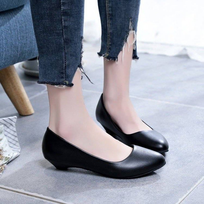 Leather Shoes Short Heel Round Head Chunky Heel For Work Women Mid Heel 2-3-5Cm Black Professional Work Shoes - Image 4