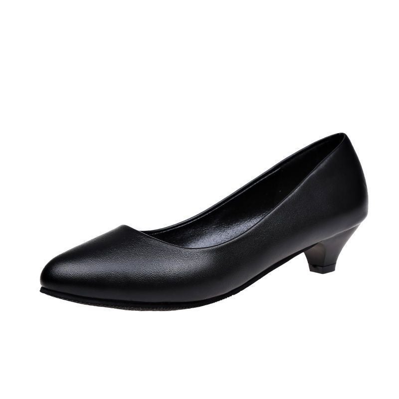 Leather Shoes Short Heel Round Head Chunky Heel For Work Women Mid Heel 2-3-5Cm Black Professional Work Shoes - Image 1