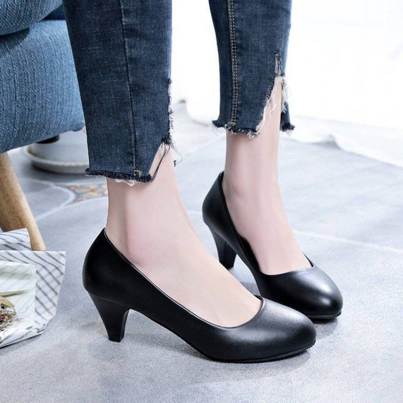 Leather Shoes Short Heel Round Head Chunky Heel For Work Women Mid Heel 2-3-5Cm Black Professional Work Shoes - Image 2