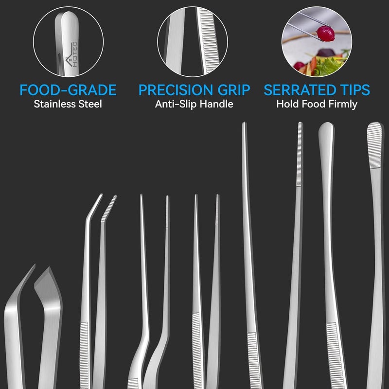 hotec Kitchen Tweezers Tongs Stainless Steel, Set of 6 - Professional Cooking Tweezers for Cooking, Chefs, BBQ, Seafood, Baking & Repair - Image 3