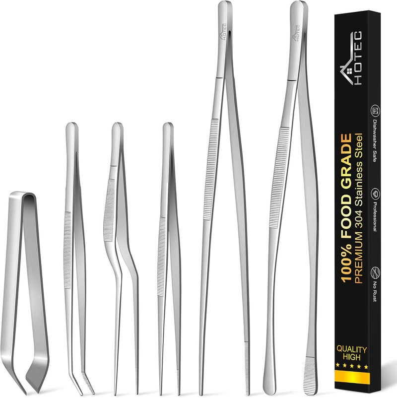hotec Kitchen Tweezers Tongs Stainless Steel, Set of 6 - Professional Cooking Tweezers for Cooking, Chefs, BBQ, Seafood, Baking & Repair - Image 1