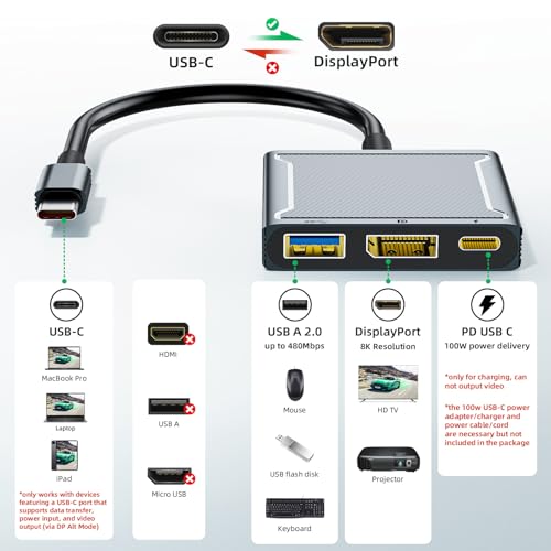 BolAAzuL USB C to DisplayPort Multiport Adapter Dock, BolAAzuL 3-in-1 Type C Hub with 1xDP 1.4 + 1xUSB 2.0 + 1xPD Charging Port(Type C), 8K 60Hz/ 100W PD/DP ALT Mode Supported for Macboo pro, iPad pro, Monitor - Image 4
