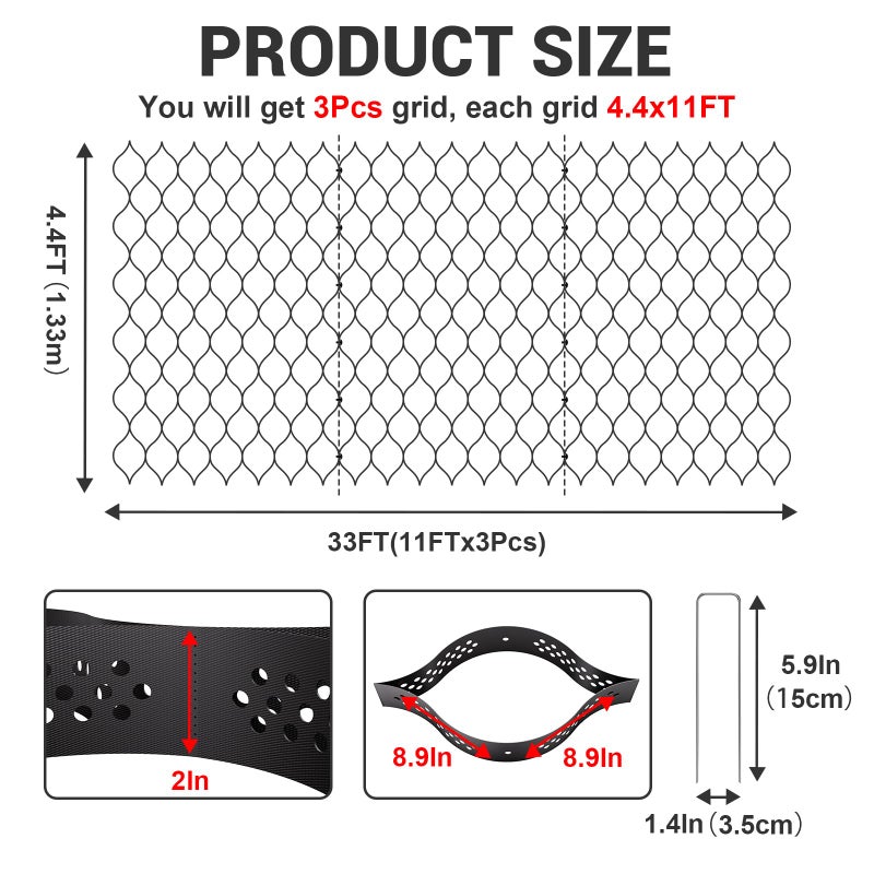 LXVOOEE Gravel Grid 4.4x33 FT with 20Pcs Landscape Staples, 2'' Thick Geogrid Ground Grid 2200 lbs per Sq Ft Erosion Control Geo Grid for Driveway, Walkway, Horse Paddock, Patio, Parking Lot, Slope - Image 2